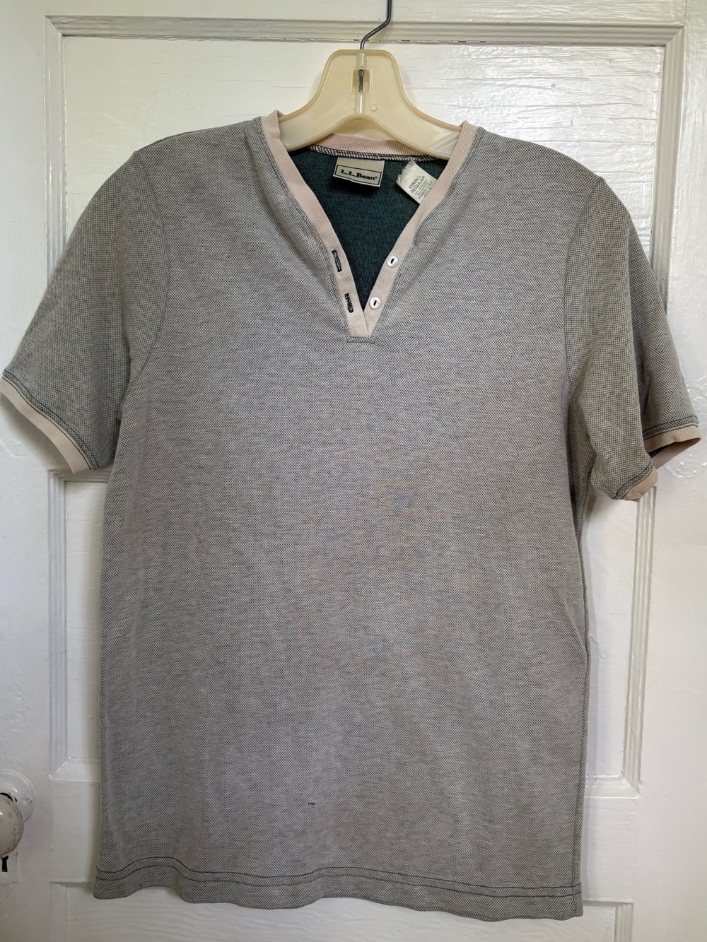 L.L. Bean Short Sleeve Henley Tee in dark green & cream